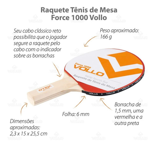 Raquete Ping Pong Vollo Force 1000 Clássica Tênis De Mesa Cor Madeira Tipo de cabo ST (Reto)