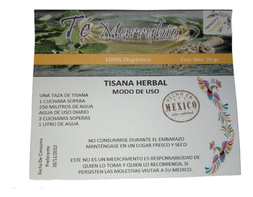 Té Marrubio 25 Gr 100% Natural De Productos Tenango