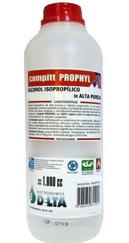 Imagen 1 de 5 de Alcohol Isopropílico Al 70% Para Limpieza Delta 1 Lt