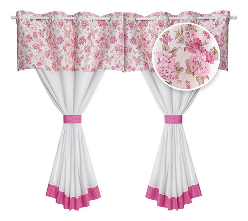 Cortina De Cozinha 2,60m X 1,40m Pink - Rosa - De Bolinhas Cor Flower Pink