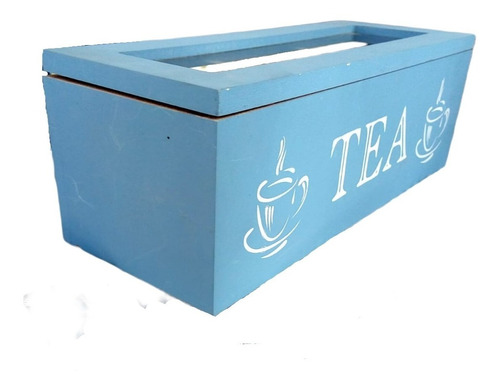 Caja Te Vintage 3 Divisiones Madera C/ Visor Vidrio Azul Tea