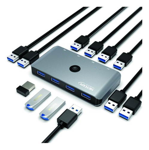 Conmutador Kvm Usb 3.0 Netcom De 4 Puertos Para 4 Pcs