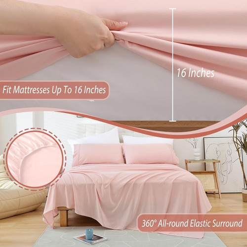 Juego De Sábanas Matrimonial Kinkete 4 Pzs Ajustables Rosa Claro Liso
