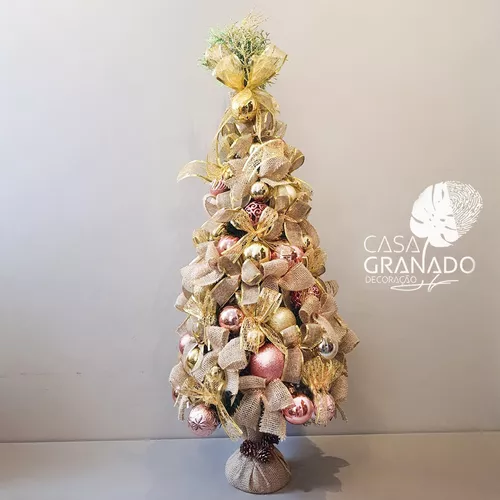 Árvore De Natal Rosa E Dourado Decorada Pronta P Uso 70cm