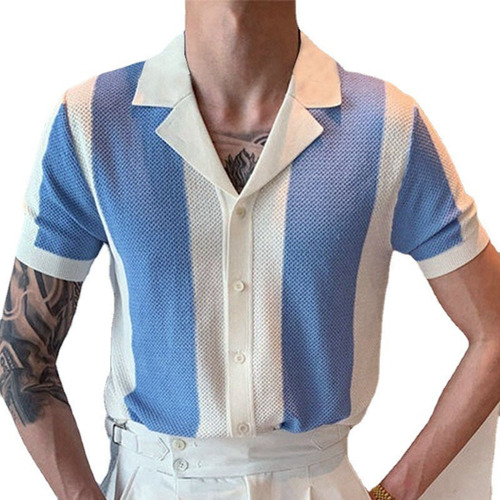 Camisa De Punto De Manga Corta Para Hombre, Con Botones, A R