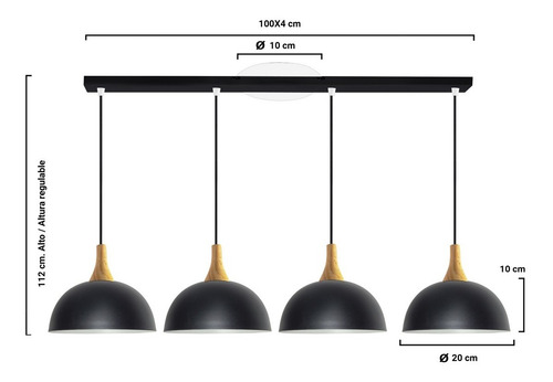 Colgante 4 Luces 20cm Nordico Deco Led Campana Deco Madera Estructura Negro