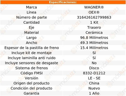 Balatas Oex Traseras Toyota Camry 07/22 Wagner