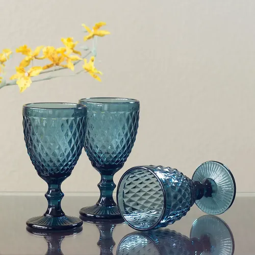 Jogo 6 Taças Água Vinho 330ml Vidro Azul NH Design Vintage