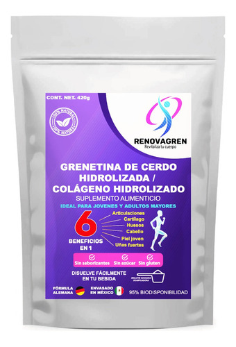 Grenetina Hidrolizada De Cerdo Formula Alemana 420g Colágeno Sabor Sin Sabor
