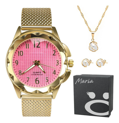 Relogio Feminino Dourado Aço Prova Dagua + Colar + Pulseira