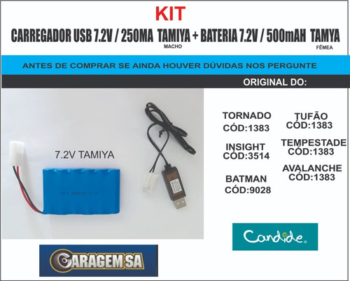 Kit Carregador Usb 7.2v/250mah Tamiya + Bateria 7.2v /500mah