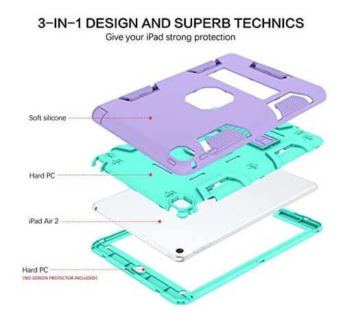 Funda Para iPad Air 2 Proteccion De Niños Resistente Morado/verde