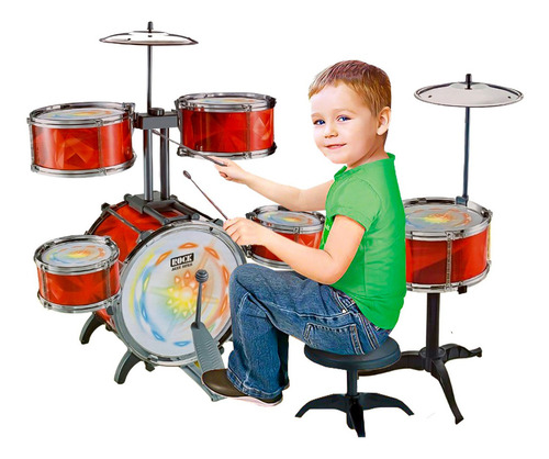 Mini Bateria Infantil Crianças 6 Tambores 1 Prato Musical Cor Vermelho