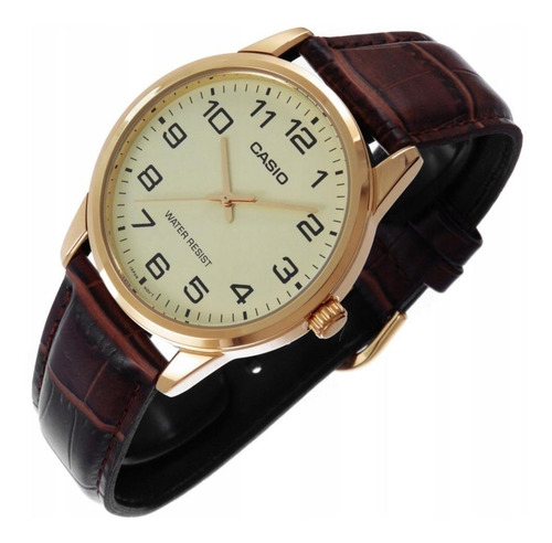 Reloj de pulsera Casio Enticer MTP-V001 de cuerpo color dorado, analógico, para hombre, fondo dorado, con correa de cuero color marrón, agujas color dorado, dial negro, minutero/segundero negro, bisel color dorado y hebilla simple