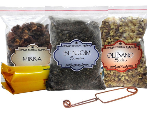 Kit Incenso Olibano 50g Mirra 50 G Benjoin  + 10 Unid Carvão