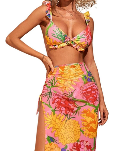Traje De Baño Juego De Bikini Con Abrigo 3 Piezas,floral [u]