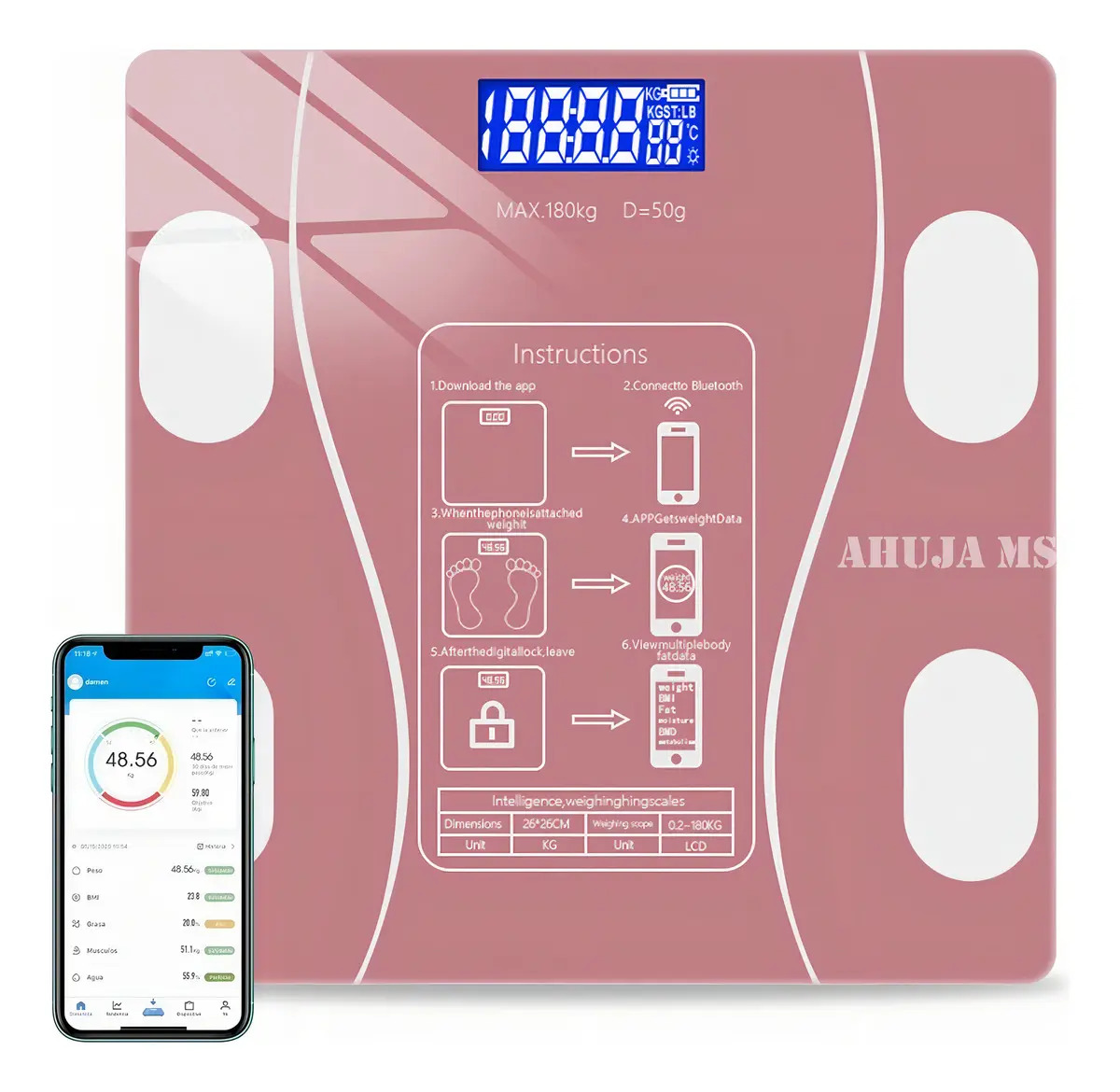 Báscula Inteligente Bluetooth Deylinghs Color Rosa Con App, 180 kg