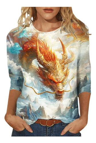 Camiseta S A La Moda Para Mujer Con Estampado De Dragones, M