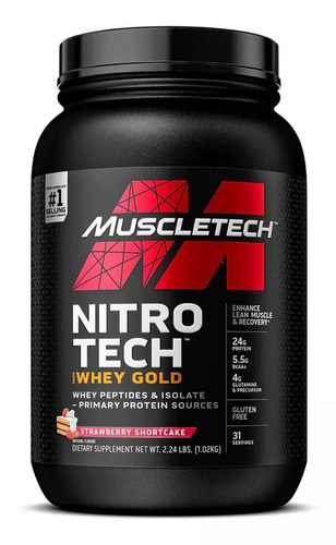 Whey Nitro Tech Gold 1kg - Muscletech - Isolada Hidrolisada Sabor strawberry shortcake (Morango)