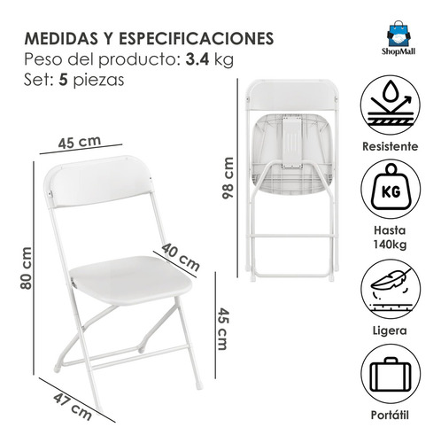 Set 5 Sillas Plegables Para Eventos Plástico Negras Color Blanco Silla