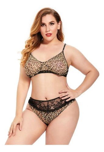 Lencería De Talla Grande Con Estampado De Leopardo Y Costura