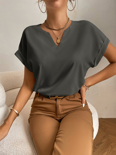 Blusa Casual De Cuello De Muesca De Manga Murciélago Popove