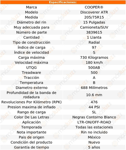 1 Llanta Discoverer Atr Cooper Medida 205/75r15 97s Sl