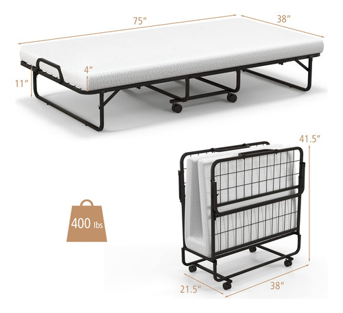 Cama Plegable Con Colchón Individual Portátil Y Ruedas