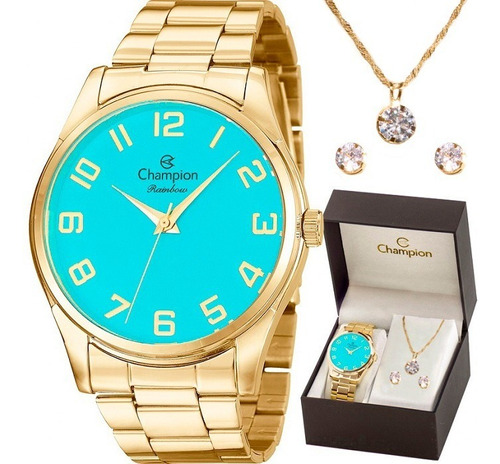 Relógio Champion Feminino Azul Turquesa + Colar E Brincos Cor da correia Dourado Cor do bisel Dourado Cor do fundo Azul-turquesa