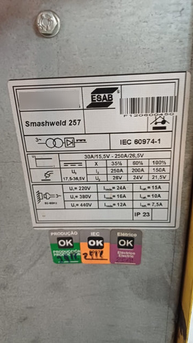 Soldadora Mig Esab Smashweld 257 M De 250 Amp. Usada Amarillo Y Negro