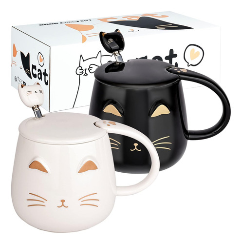 Juego De 2 Tazas De Café Gatos Tapa Y Cuchara De Gatit...
