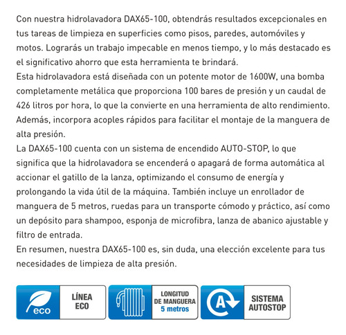 Hidrolavadora 1600w 100 Bar Daewoo Con Autostop + Accesorios