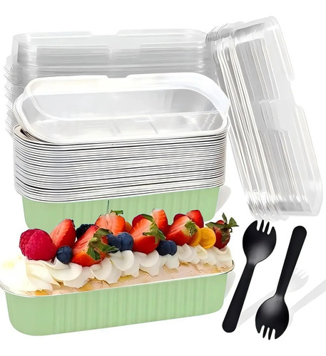 Banna 50 Molde Aluminio Desechable Verde 200ml Con Tapa+cuchara, 6.8 Oz/200ml Moldes Para Tartas, Molde Rectangular De Papel De Aluminio Para Tartas, Para Picnics, Barbacoas, Camping, Bodas, Fiestas
