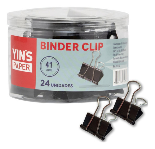 Prendedor De Papel Binder Clip 41mm Pote Com 24 Peças Metal Cor Preto
