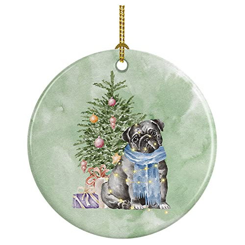 Adorno De Cerámica De Pug Negro Y Árbol De Navidad, D...