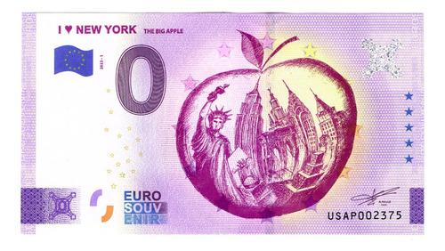 Billete 0 Cero Euro Souvenir, Yo Amo A New York U S A 2023