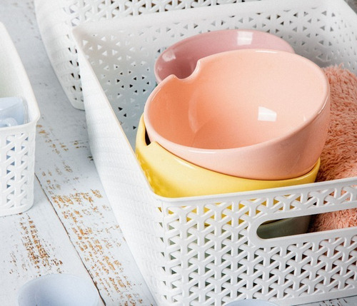 Caja Organizadora Plástica C/ Tapa Apilable Canasto Beige L