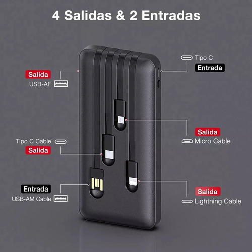 Power Bank Batería Portátil Super Rápida 10000mah 4 En 1 Negro