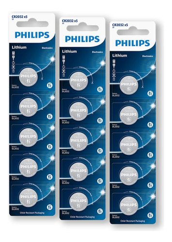 15 Pilhas Philips Cr2032 3v Bateria Original Moeda 3 Cartelas