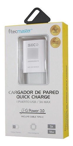 Cargador Pared 1 Usb 3a Tecmaster Blanco / Tecnocenter