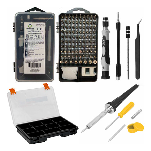 Kit Desarmadores Precisión 115pz, Cautín Con Accesorios Y Organizador 11 Compartimientos. Torx Ps5 Xbox iPhone Tablet Pc Mac Electrónica Nintendo Ferreco Basics