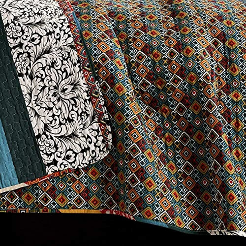 Juego De Colcha Boho Rayas 3 Unidades Full Queen Turquesa