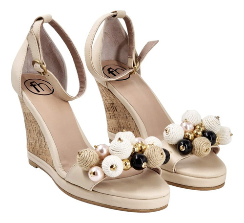 Sandalias Premium Fh 8605 Cuero Nude Con Borlas Taco Chino 