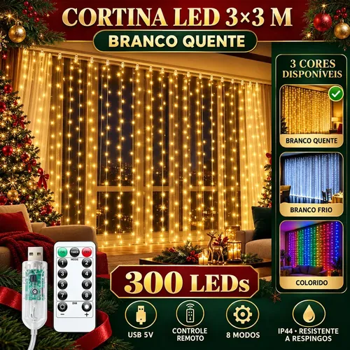 Cortina de LED 300 Luzes 3x3m Branco Quente Decoração de Natal