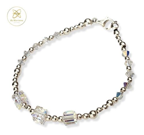 Imagen 3 de 8 de Pulsera Plata Con Cristal Swa Aurora Boreal Y Bolitas