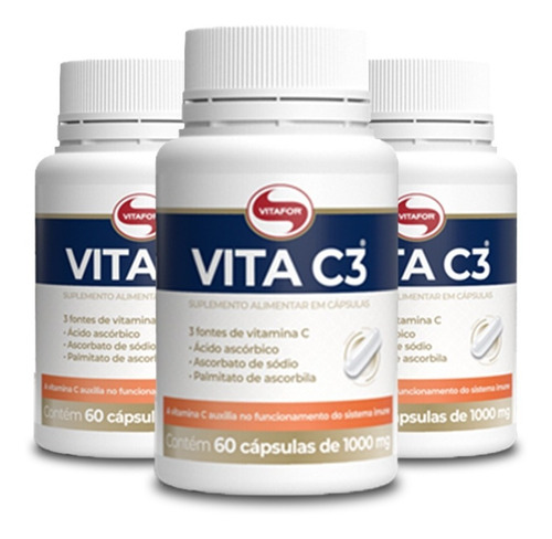 Kit Com 3 Vita C3 - Vitamina C Vitafor Com 60 Cápsulas Sabor Neutro