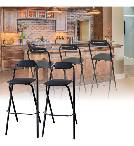 Taburete De Bar Plegable Con Respaldo Y Acolchado Negro Para
