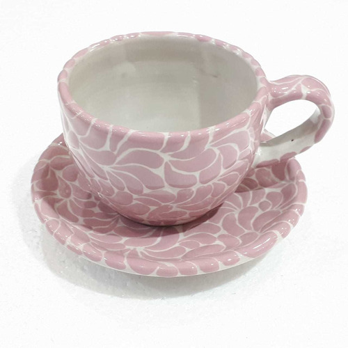 Taza Con Plato Estilo Barroco Rosa De Talavera Poblana Tn