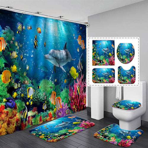 Set De Baño Para Niños Azul Océano, Conjunto De Cortina De B