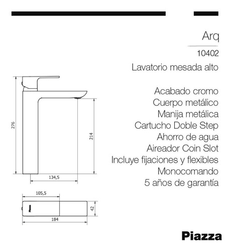 Imagen 2 de 5 de Monocomando Griferia Lavatorio Alto Negro Piazza Arq 10402ne